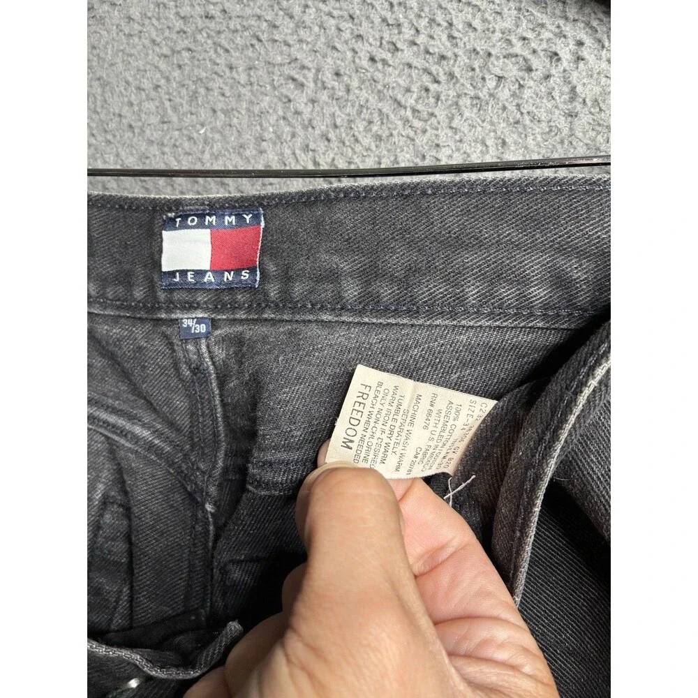 Vtg 90s Tommy Hilfiger Mens 34x29 Baggy Denim Jeans Black Whiskered Flag